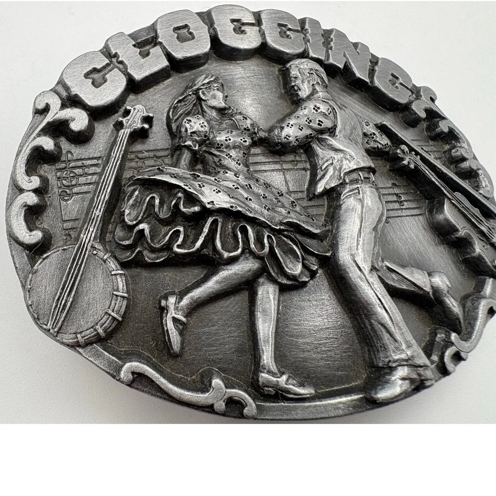 1987 Siskiyou Buckle Co Clogging Pewter Belt Buckle USA Dance Music Banjo Fiddle